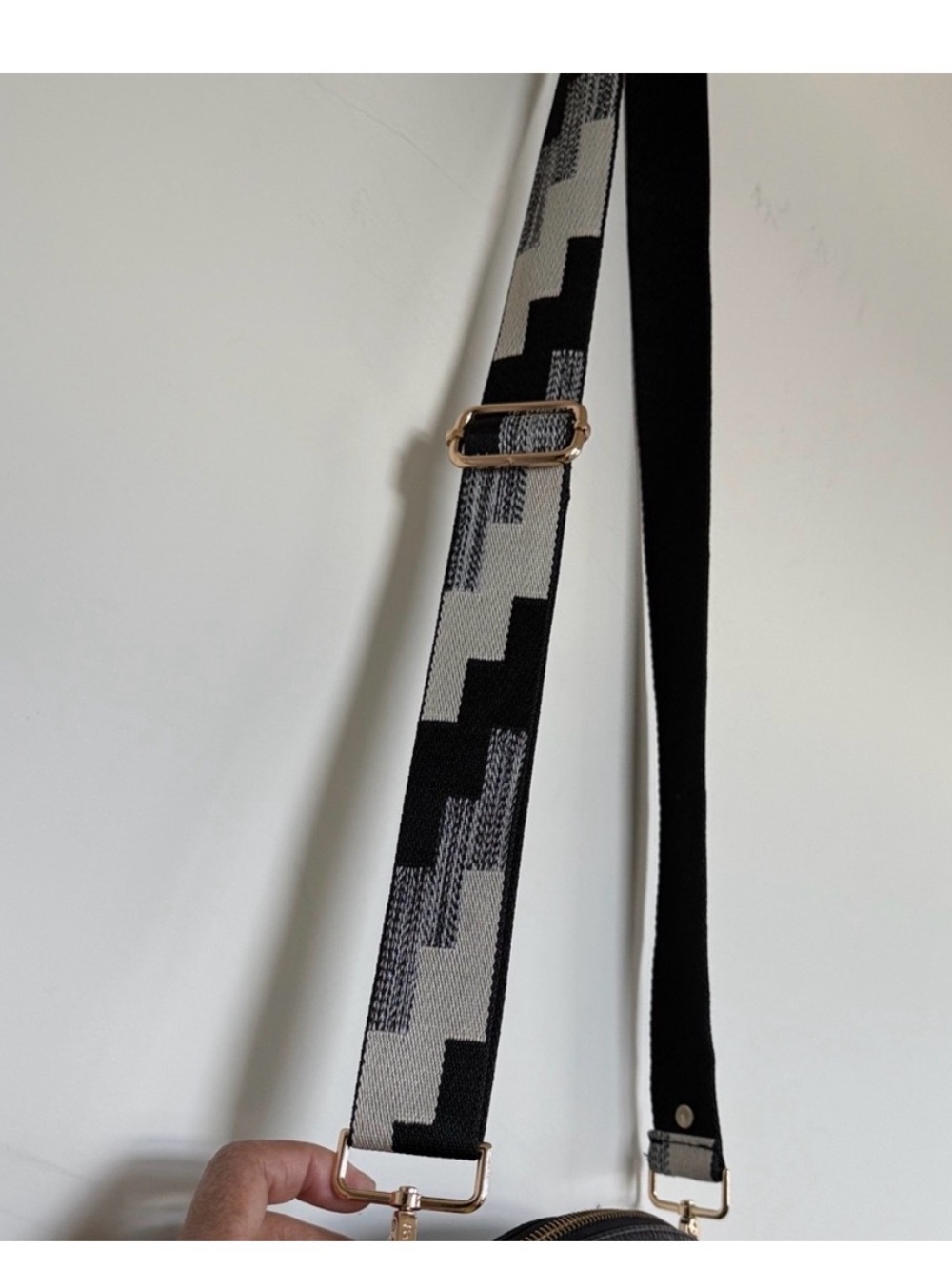 Compact Black Pebble Crossbody with Patterned Strap - Picture 3 of 12